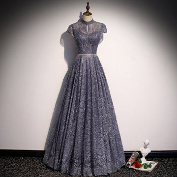 Princess High Neckline Short Sleeves Long Prom Dresses HZ1023